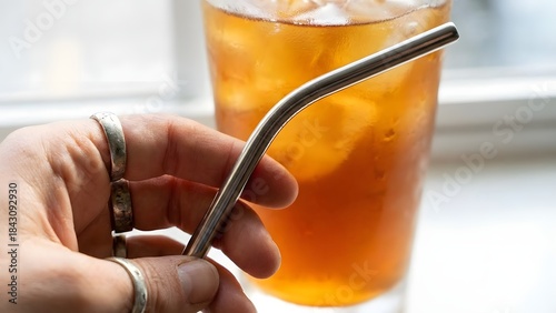 Close-up of Hand Holding Metal Straw in Glass of Iced Tea.
