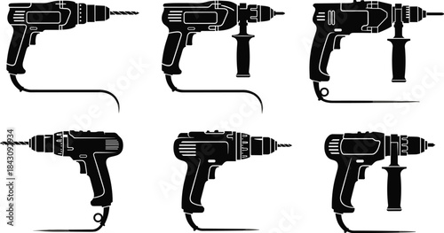 Collection of electric corded power drill silhouettes in detailed black vector style, showcasing multiple professional drilling tool designs for construction, workshop, and industrial use