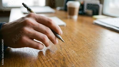 Close-up of Hand Writing with Pen on Wooden Desk.