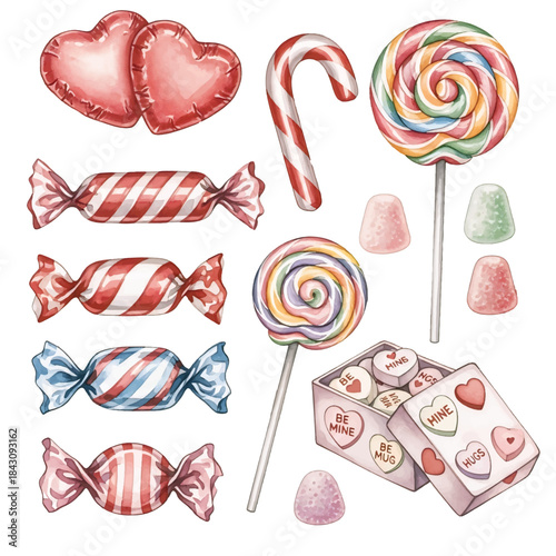 Colorful heart shaped lollipops with red and white swirls are sweet sugar candy on a stick