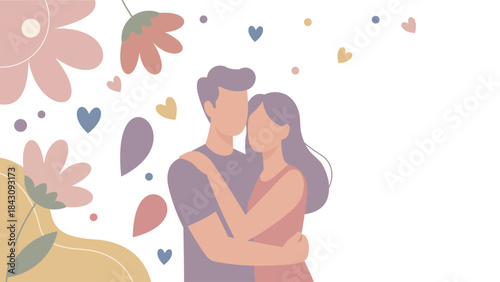 Romantic Couple Hugging Under Flower Rain in Modern Pastel Flat Design