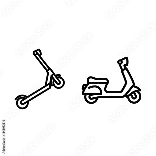 Simple black line art icons of a modern kick scooter and a classic motor scooter.