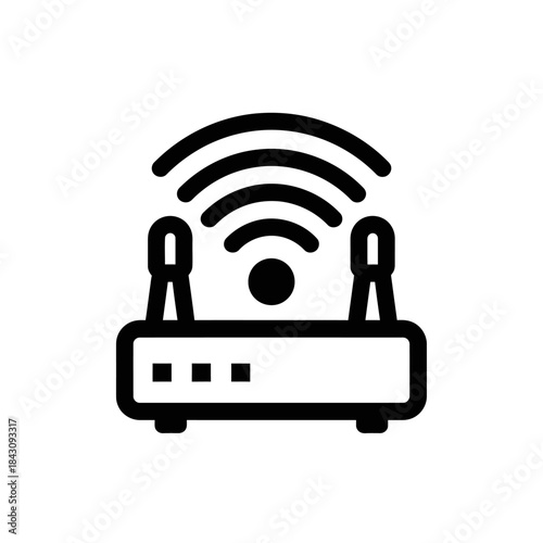 Simple black line art icon of a Wi-Fi router with dual antennas and signal waves.