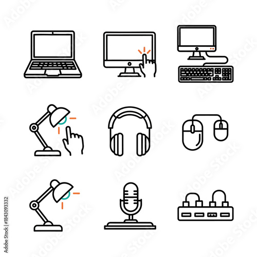 Simple Black Line Art Laptop Computer with Keyboard and Screen Display.