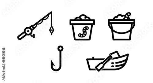 Simple black outline fishing icons set - rod, hook, bait buckets, and boat with oar.
