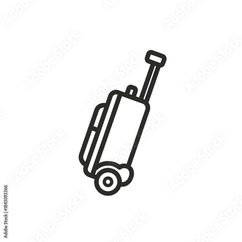 Simple black outline icon of a rolling travel suitcase with an extended handle and wheels.