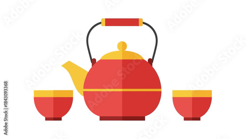 Traditional Chinese Tea Set with Teapot and Two Cups.