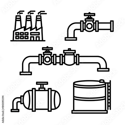Simple black outline icons of industrial elements - a factory, pipelines with valves, and storage tanks.