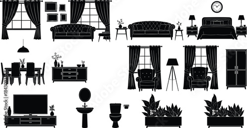 Elegant home interior furniture silhouette collection featuring living room, bedroom, dining room, bathroom and decor elements, modern vector illustration for design projects