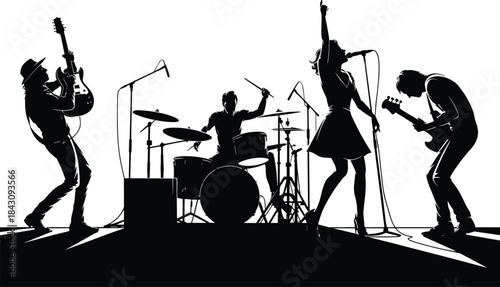 Rock band performing live on stage, energetic musicians playing guitar, drums, and singing, concert performance silhouette, music show illustration for poster design