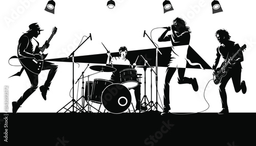 Rock band performing live on stage, energetic musicians playing guitar, drums, and singing, concert performance silhouette, music show illustration for poster and festival design