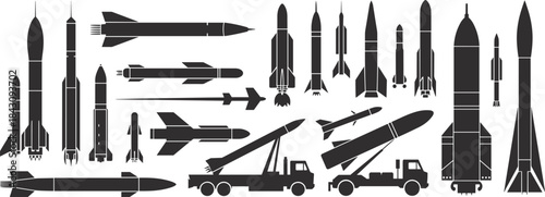Rocket and missile silhouettes collection, military technology vector set, space launch, defense equipment, aviation transport, war machinery, futuristic weapon system illustration