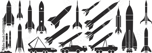 Rocket and missile silhouettes vector set, military weapon technology, space launch, defense system illustration, aviation equipment, army transport, futuristic design collection