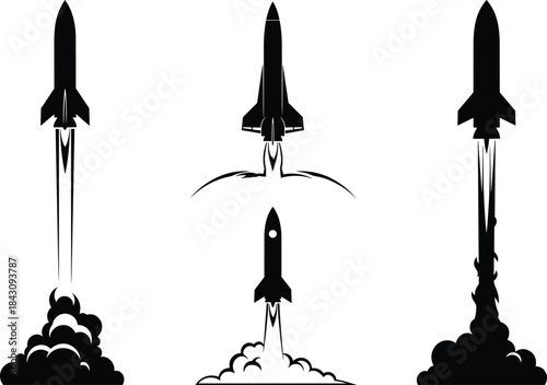 Rocket Launch Silhouette Vector Set, Black and White Spacecraft Illustrations, Vertical Liftoff Scenes, Exhaust Plume Graphics, Aerospace Motion, Outer Space Icons