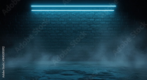 A dark, smoky room with a bright blue neon light illuminating a brick wall and floor