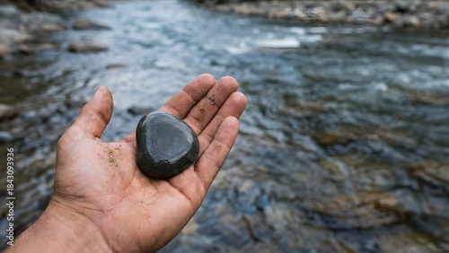 Hand Holding Smooth Black Stone Over River.