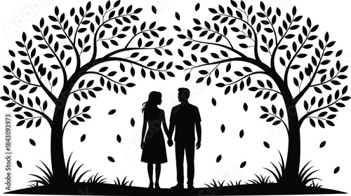 Romantic couple holding hands under trees with falling leaves, love and nature silhouette vector illustration, peaceful relationship concept outdoor scene design