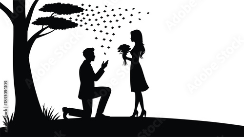 Romantic couple proposal silhouette under tree, man kneeling with engagement ring, woman holding flowers, love scene, marriage proposal moment, vector illustration