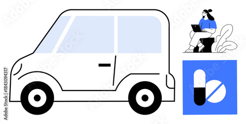 Delivery services concept. Delivery options include car transport, medicine delivery, and online services. Delivery solutions for urban logistics, healthcare, remote work, and e-commerce. urban