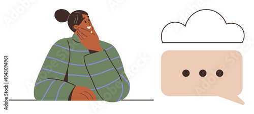 Person rests hand on chin, gazing at a cloud above a speech bubble. Ideal for brainstorming, creativity, communication, idea sharing, contemplation, problem-solving and innovation. A simple flat