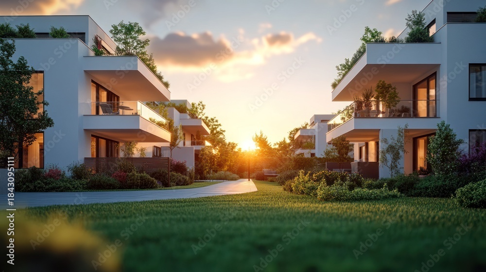 Fototapeta premium Modern apartment buildings at sunset, lush greenery