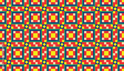 A vibrant seamless geometric pattern featuring layered square shapes with bold red, yellow, blue, and green colors in a rhythmic grid layout