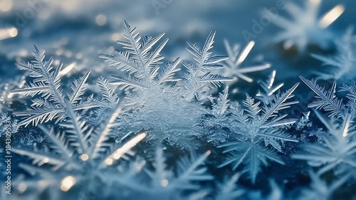 Close-up of intricate ice crystals and snowflakes sparkling on a frosty surface with a soft blue bokeh background in winter.