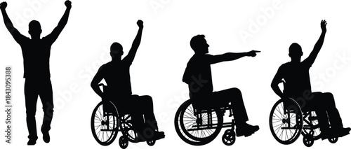 Disabled athlete silhouettes celebrating success in wheelchair isolated on white background motivation strength victory inclusion empowerment concept