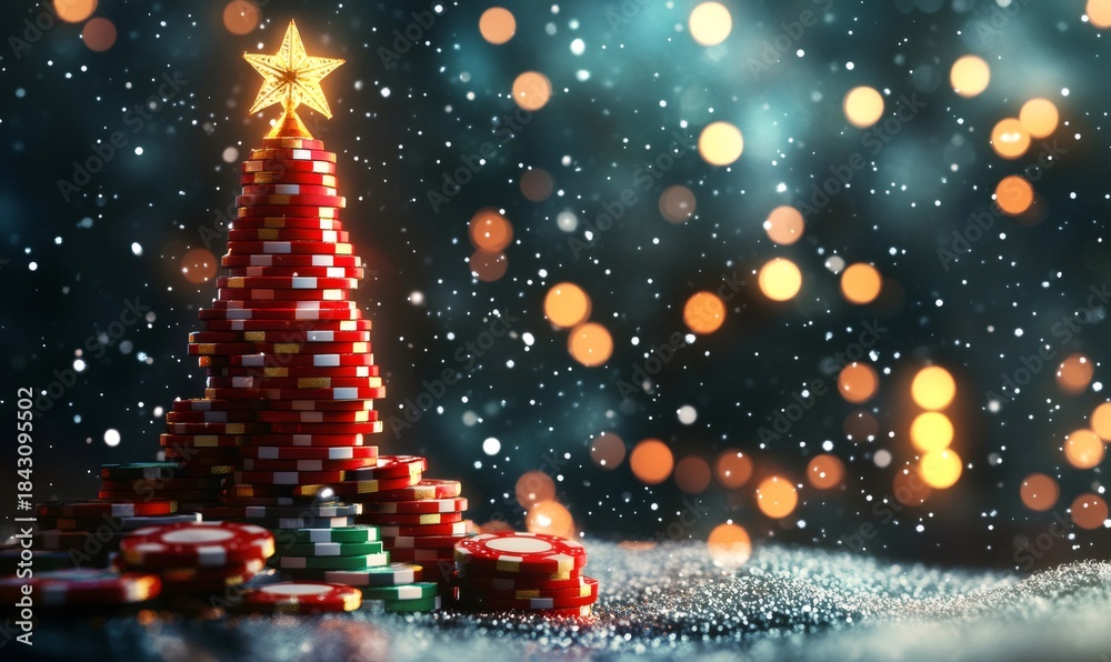 Fototapeta premium Stacks of red casino chips forming a festive christmas tree with a golden star, falling snow, and bokeh lights