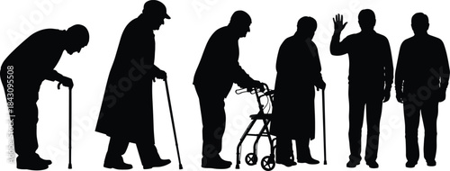 Elderly people silhouettes with cane and walker showing aging process isolated on white background senior care healthcare concept