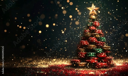 Poker chip christmas tree stands on a sparkling gold and red glitter surface with falling golden bokeh lights. Gambling holiday concept