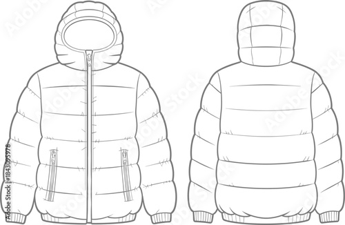 Puffer jacket technical sketch, front and back view, hooded coat, quilted design, fashion flat, CAD drawing flat vector illustration