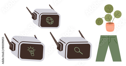 Futuristic VR headsets featuring globe, idea, and search icons alongside a potted plant and green pants. Ideal for technology, innovation, exploration, virtual learning, sustainability, lifestyle
