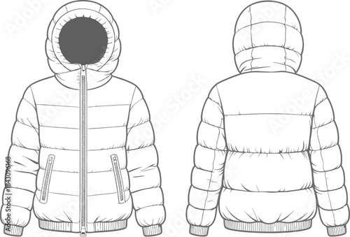 Puffer jacket technical fashion sketch, front and back view, vector template, garment design, sewing pattern, flat CAD drawing illustration