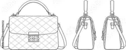 Quilted Leather Handbag Technical Fashion Sketch: Flat Vector Illustration CAD Drawing with Top Handle and Crossbody Strap, Modern Womens Accessory Design Template