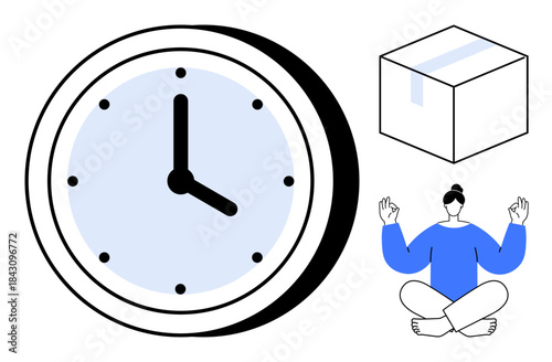 Time management, mindfulness, productivity, shipping services, stress relief, workplace balance. Clock, box meditating person. Time management and mindfulness concept