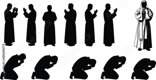 Religious prayer vector illustration featuring worship silhouettes in standing and kneeling positions, spiritual devotion artwork for faith, meditation, ceremony, traditional religious practices