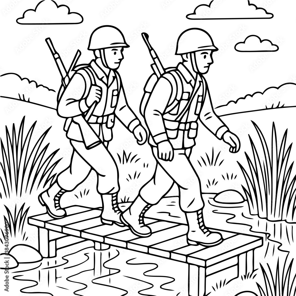 Obraz premium Marching Soldiers on a Bridge: Two soldiers march together across a rustic bridge over a tranquil stream. The scene is marked by a clear sky, and tall, grassy vegetation.