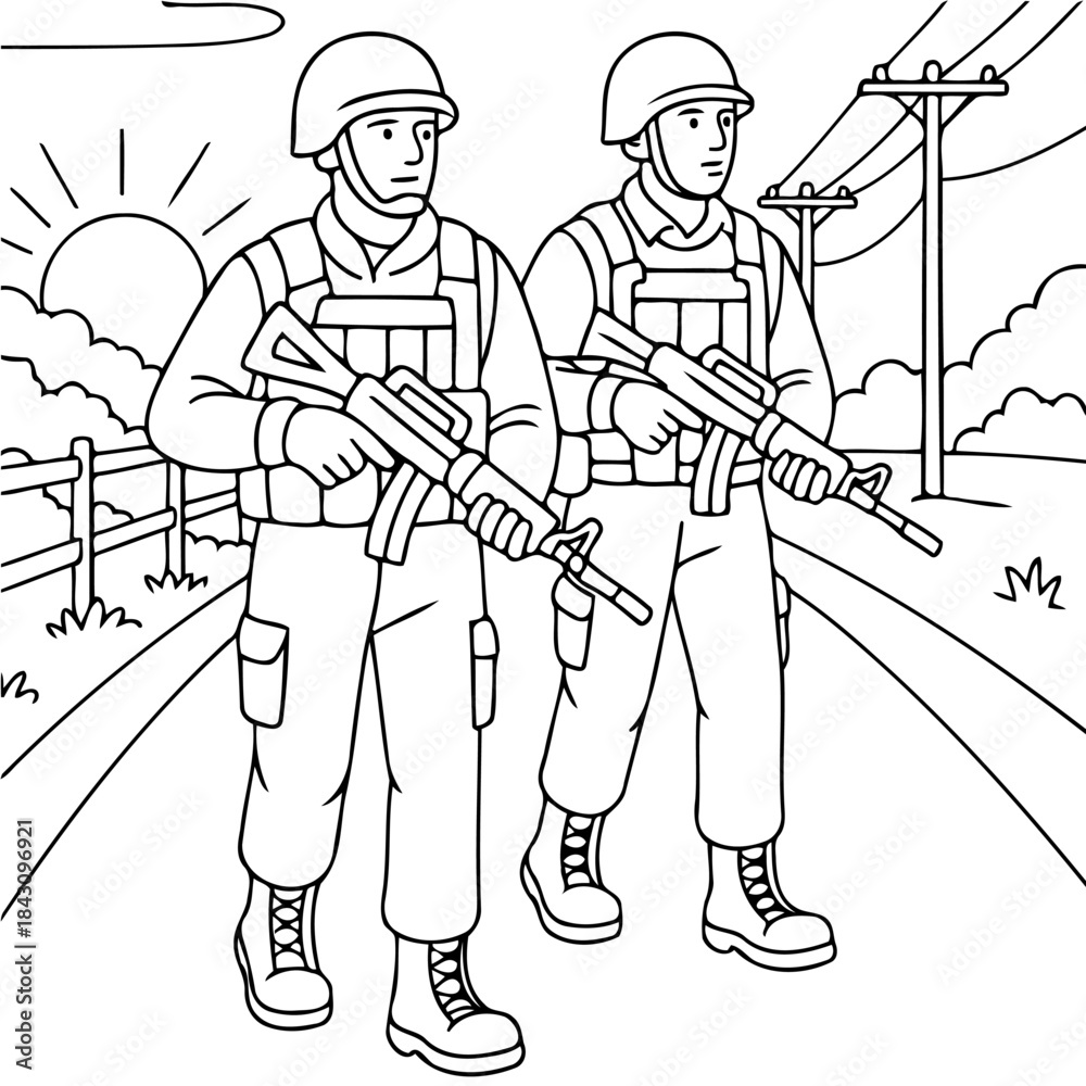 Obraz premium Military patrol on the road: Two resolute soldiers walk the road with rifles in hands, embodying duty and security. The sun sets, painting the sky with the promise of a new dawn.