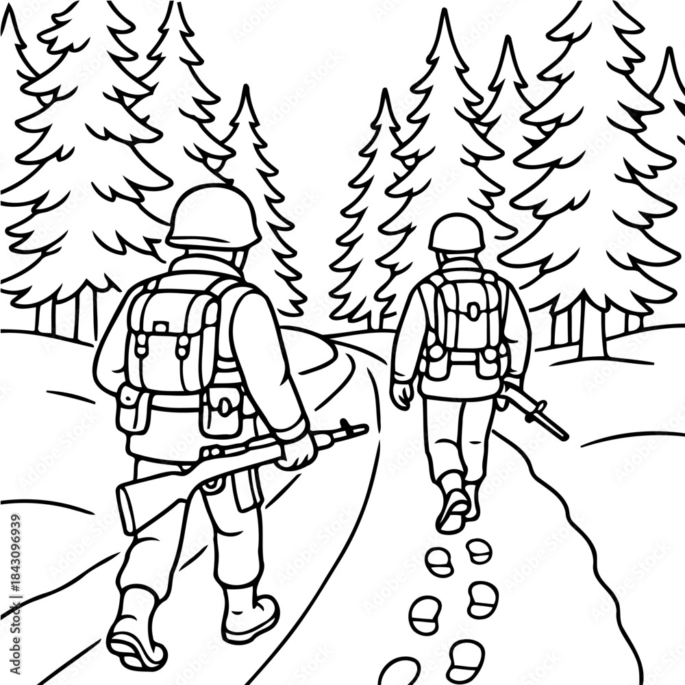 Obraz premium Duty and Valor: Soldiers Marching in the Forest. A black and white illustration depicts two soldiers advancing through a snowy forest, their path etched in the snow.