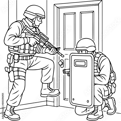 Breaching the Entry Point: Two tactical officers, clad in combat gear, prepare to breach a door, showcasing focus, teamwork, and readiness. 