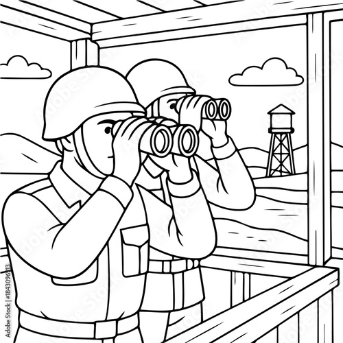 Vigilant Observers: Two soldiers stand watch, binoculars glued to their eyes, meticulously surveying the terrain