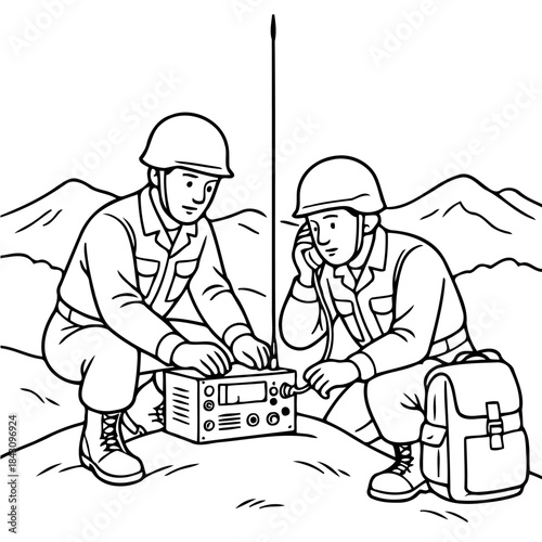 Communication in Duty: Two dedicated individuals in military uniforms are engaged in vital communication with radio device during a mission, depicting the discipline and the importance of teamwork.