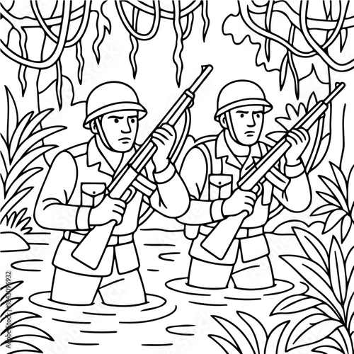 Soldiers in Jungle: Two determined soldiers, clad in uniforms and helmets, navigate a dense jungle setting, rifles at the ready, conveying a sense of duty and the challenges of conflict.