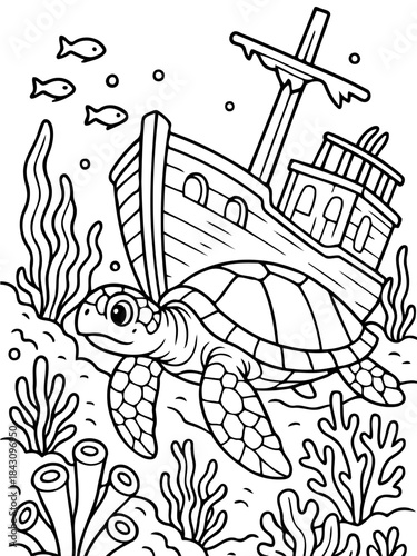 Undersea Dream: An enchanting underwater scene unfolds, where a serene sea turtle glides gracefully past the remains of a sunken ship, surrounded by whimsical seaweed and curious fish.