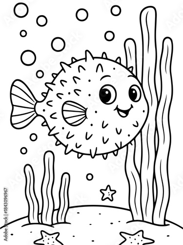Pufferfish Underwater: A charming pufferfish navigates its aquatic domain alongside underwater plants and bubbles. This monochrome illustration captures the serene beauty of the ocean depths.