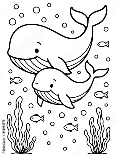 Whale Duo Underwater: A charming illustrated duo of whales swimming together, surrounded by playful bubbles and seaweed, under the sea. A heartwarming depiction.