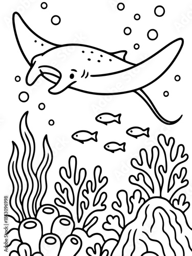 Manta Ray Underwater Scene: An illustration of a graceful manta ray gliding through a vibrant underwater scene. The creature is accompanied by a school of small fish, colorful coral, and bubbles.