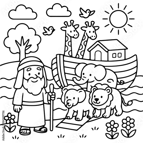 Noah's Ark: A black and white illustration of Noah, standing with various animals as they gather on an ark, all under a bright sun.