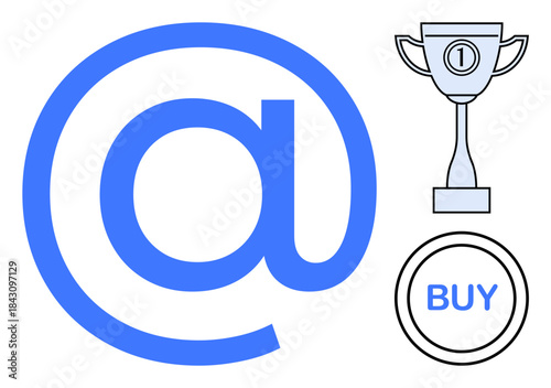Ecommerce concept. Ecommerce through an at symbol online presence, a trophy for success, and a buy button for purchasing. Perfect for online marketing, sales, digital business, customer engagements